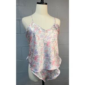 Vintage 80s Two Piece Camisole Flutter Shorts Lingerie Set Pastel Floral Satin